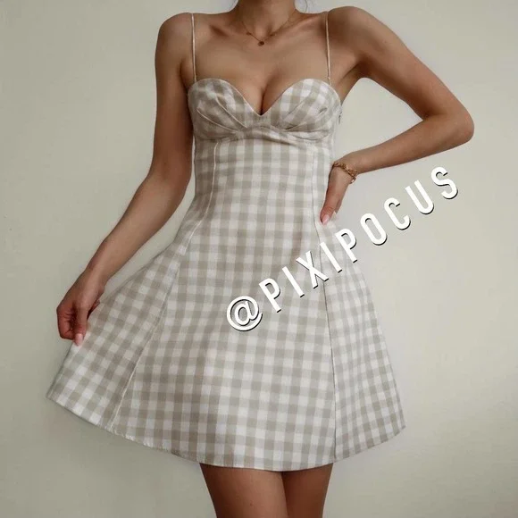 ZARA BUSTIER GINGHAM CHECK DRESS LINEN BLEND BEIGE